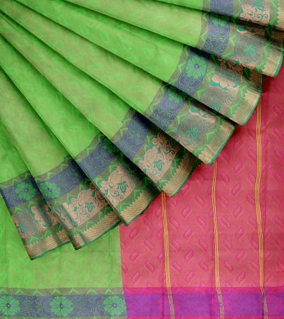 Semi Silk Saree ,its body- Moss Green and Asparagus green,Ros vale & Hibiscus-pallu with Teal Green & Copper line-border - copper Zari work